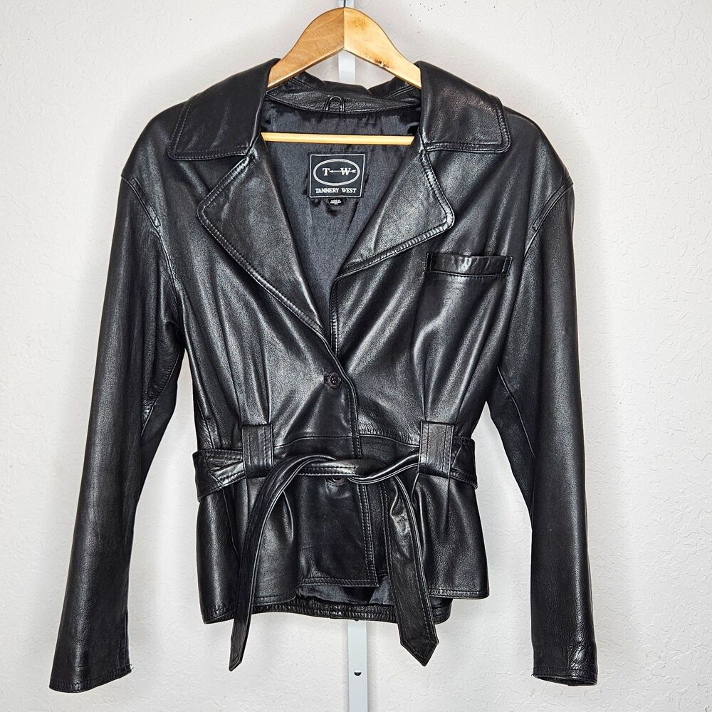 Tannery West Black Leather Jacket Women’s Belted Blazer‎ Style Button Front Med